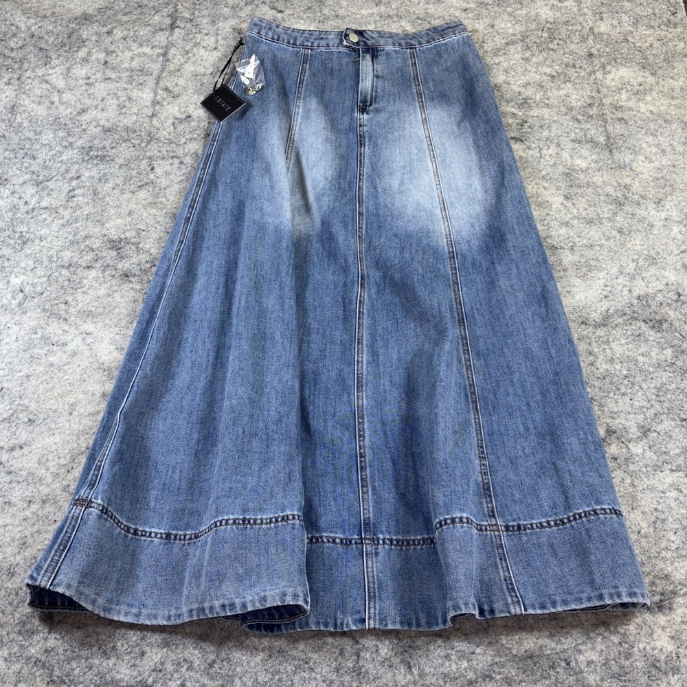 New 1.State Denim Maxi Jean Skirt Women's 4 Medium Wash Retro Boho Festival‎